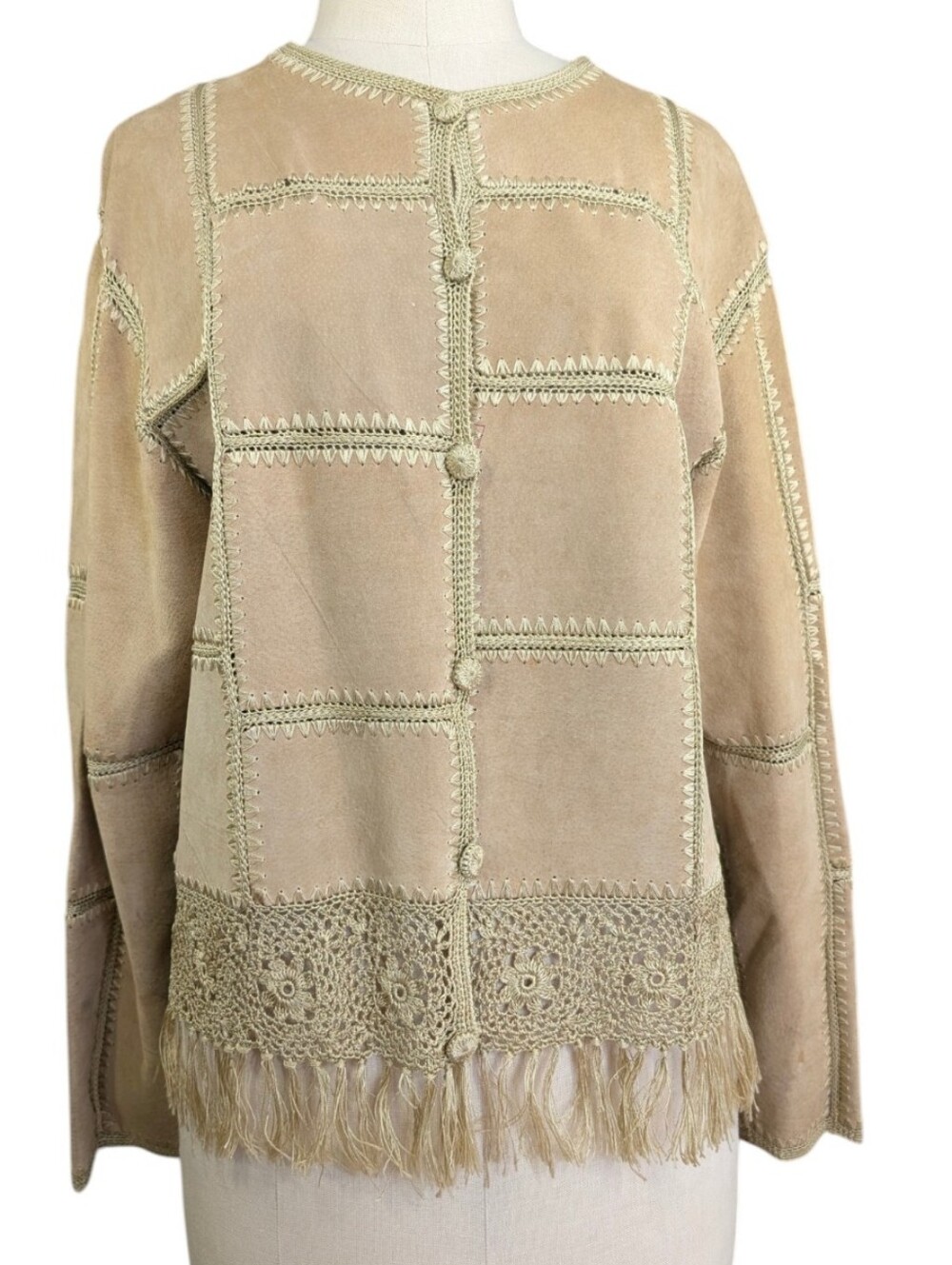 Vintage Lisa International Beige Suede Crochet-Trim Fringe Jacket. Large